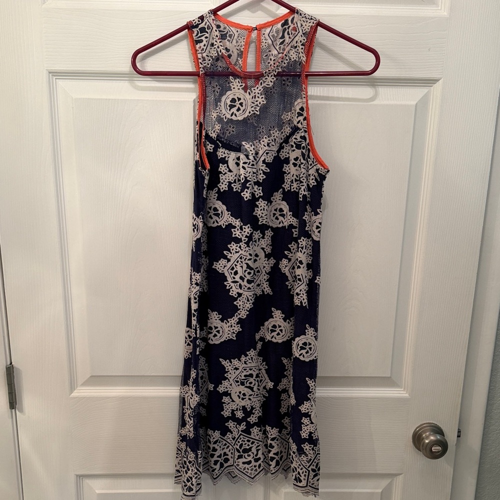 Taylor & Sage Navy Dress with White Lace-Print and Orange Trim